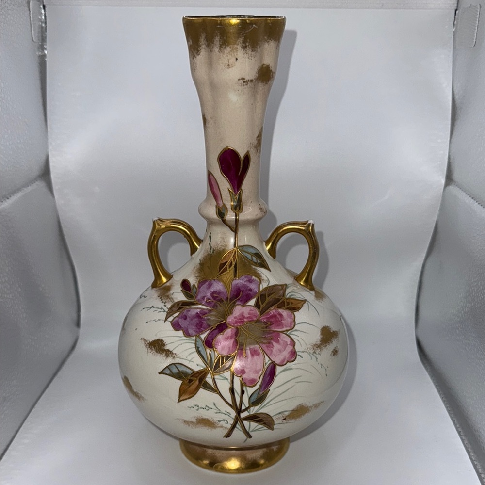 German Royal Bonn F.A. Mehlem Porcelain Vase 1885 flowers with gold 10.5” tall